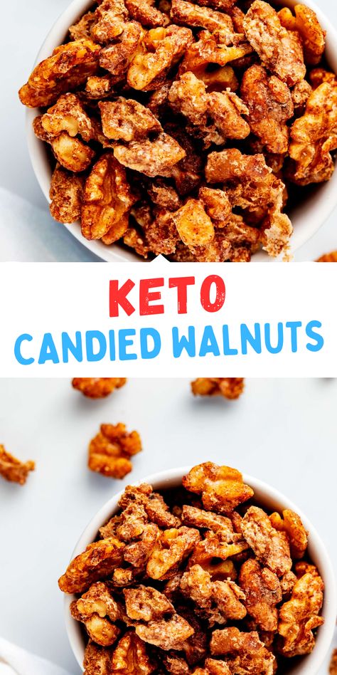 Are you looking for a crunchy, sweet, and savory snack that won't derail your keto diet? Look no further than these keto candied walnuts! Not only are they easy to make, but they are sure to satisfy your cravings. This sweet treat doesn't require much more than walnuts, egg whites, sweetener, and spices; in no time at all, you'll have sugar-free candied walnuts perfect for sharing or just keeping all for yourself. Walnut Recipes Keto, Sugar Free Candied Nuts Recipe, Keto Walnuts Candied, Keto Candied Nuts Recipes, Keto Nut Recipes, Keto Nut Clusters, Keto Candied Almonds, Keto Candied Walnut Recipes, Savory Walnut Recipes