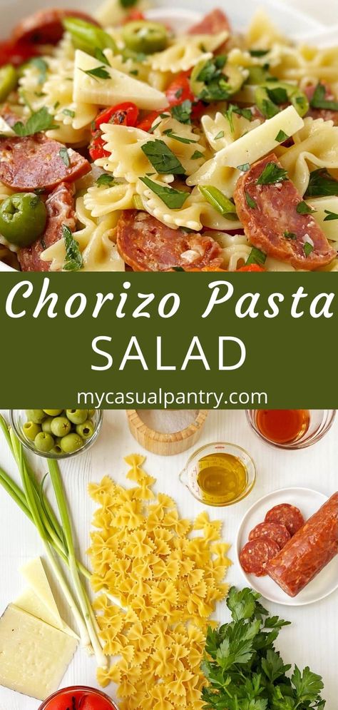 Chorizo Pasta Salad - this hearty pasta salad is filled with spicy chorizo, Manchego cheese, roasted peppers, olives, and a tangy vinaigrette. Enjoy as a make-ahead weekday lunch or serve with grilled beef or chicken. Chicken Zucchini Recipes, Chorizo Pasta Recipes, Spicy Sausage Pasta, Tomato Pasta Salad, Chorizo Pasta, Chicken Chorizo, Chorizo Recipes, Manchego Cheese, Cold Pasta Salad