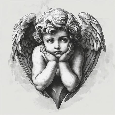 Creepy Realism Tattoo, Tattoo Design Reference, Cherub Tattoo Designs, Christus Tattoo, Angle Tattoo, Baby Angel Tattoo, Cherub Tattoo, Hyper Realistic Tattoo, Half Sleeve Tattoos Drawings