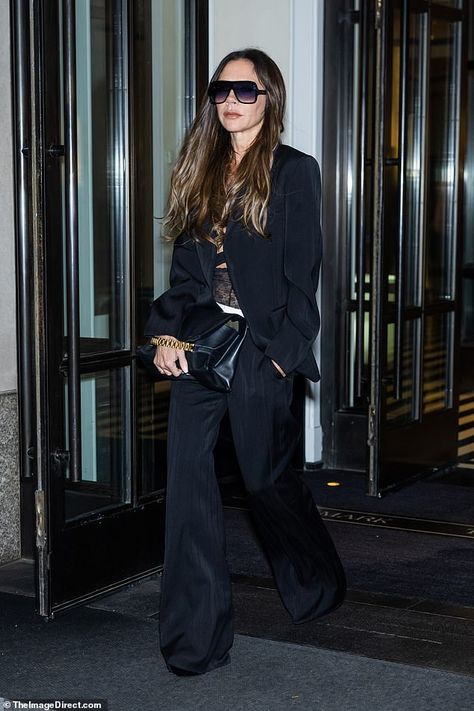 Trouser Suit, Satin Trousers, Flared Trousers, Fall Fashion Trends, Trouser Suits, Black Blazer, Victoria Beckham, Black Satin, Daily Mail