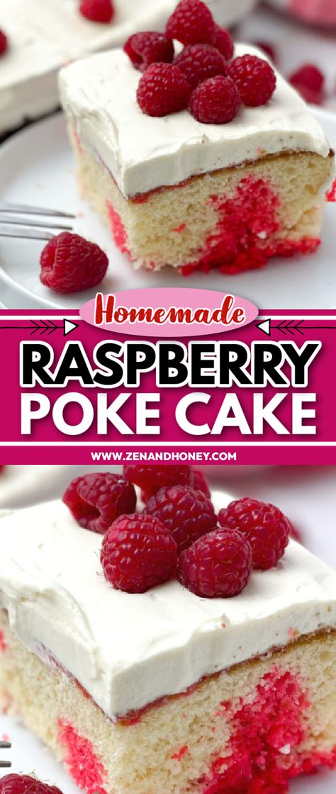 If you a huge fan of poke cakes, you are going to enjoy this incredibly easy and amazingly delicious Raspberry Poke Cake! It’s a one-dish cake recipe that requires a handful of ingredients. As easy as it sounds, it still tastes amazing and makes a great warm weather cake. Fun Poke Cakes, Raspberry Zinger Poke Cake Recipe, Raspberry Poke Cake Jello, Summer Poke Cake Recipes, Hello Poke Cake Recipe, Easter Poke Cake Recipes, Hello Poke Cake, Poke Cakes Recipes Easy, Poke Cake Cupcakes