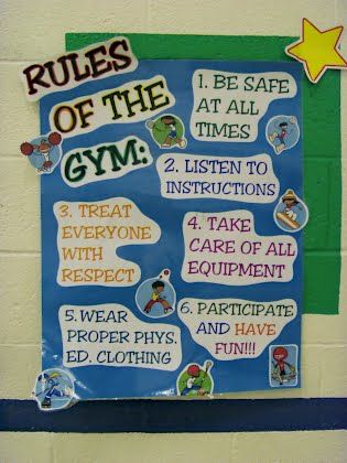 Nice rules poster!  Like any other class at school, the gym has to have its own set of rules.... Physical Education Bulletin Boards, Pe Bulletin Boards, Gym Rules, Pe Lesson Plans, Teaching Portfolio, Elementary Physical Education, Elementary Pe, Physical Education Lessons, Pe Activities