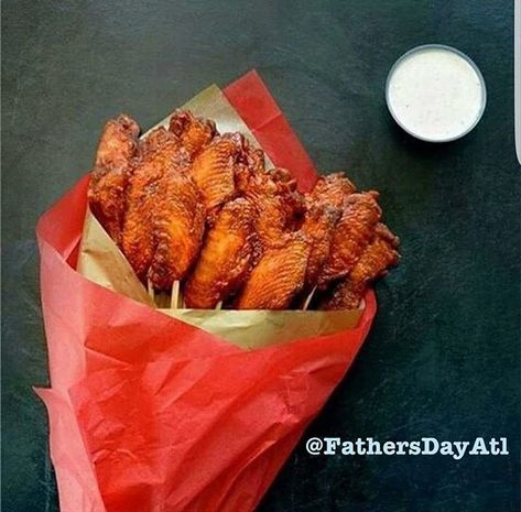 You really want to show Dad you love him.... Show up with this on Saturday night and a movie! #FathersChangeLives  Bonus for the Flats! Valentines Day Chicken Wings, Chicken Wing Bouquet, Wing Bouquet, Food Bouquet, Buffalo Wing, Valentines Day For Him, Hot Wings, Buffalo Wings, Surprise Party