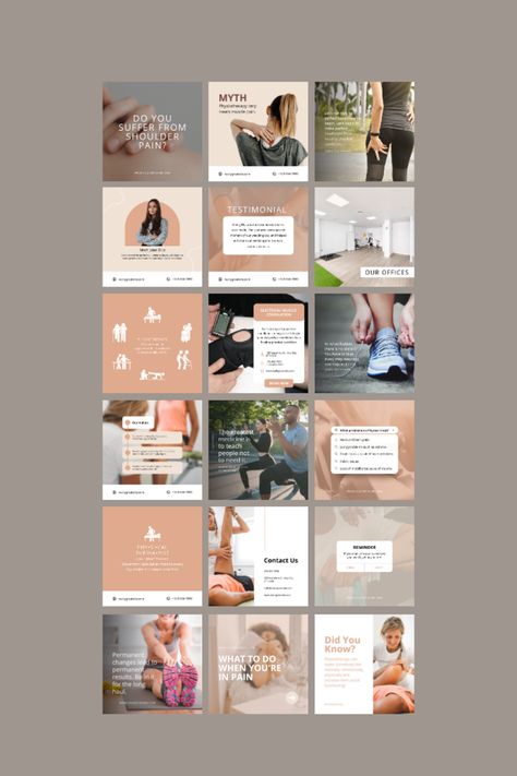 20+ engaging physiotherapy social media templates to help you reach more patients, grow your business, and boost your #Physiotherapy_Instagram_Post #Physiotherapist_Aesthetic #Physiotherapy_Aesthetic #Grid_Plan Physiotherapy Aesthetic, Instagram Content Design, Grid Plan, Therapist Logo, Instagram Grid Design, Aesthetic Blog, Instagram Content Ideas, Physiotherapy Clinic, Social Media Branding Design