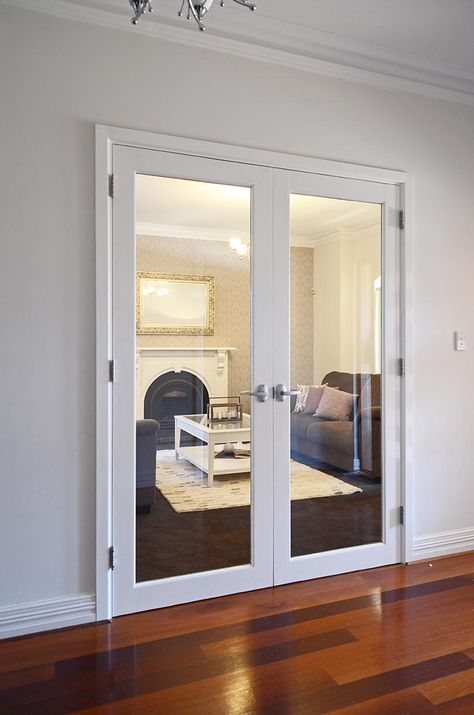 White aluminium French doors #doors #white #shadesofwhitepaint Clear Glass French Doors Interior, Aluminium French Doors White, White Aluminium Doors, Internal French Doors White, White Glass Door, Aluminium French Doors, External French Doors, Double Front Entry Doors, Internal French Doors