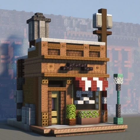 Minecraft Storefront Ideas, Medical Minecraft House, Minecraft Store Front Ideas, Armour Shop Minecraft, Minecraft Record Store, Minecraft Square House, Minecraft Buildings Cities, Minecraft Butcher Shop Ideas, Minecraft Wood Shop