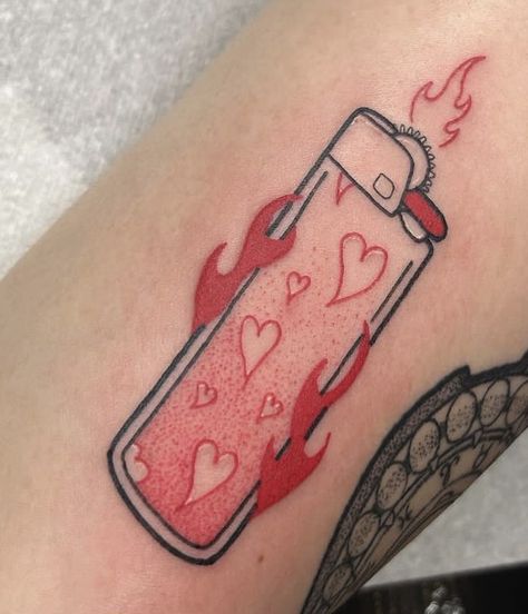 Heart Lighter Tattoo, Pink And Red Tattoo, Cute Red Tattoos For Women, Black Red Tattoo Design, Ketchup Tattoo, Lighter Tattoos, Fire Tattoo Ideas, Valentine Tattoo, Black Red Tattoo