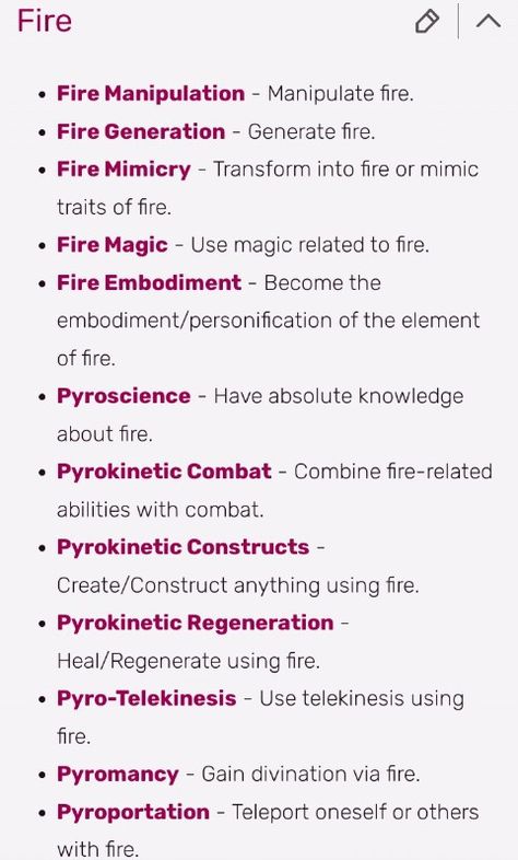 Powers Art Superpower, Fire Magic Abilities, Mha Fire Quirk, Hand Writing Journal, Power Abilities List, Types Of Elemental Powers, Elf Powers List, Power Inspiration Magical, Abilities Of Powers