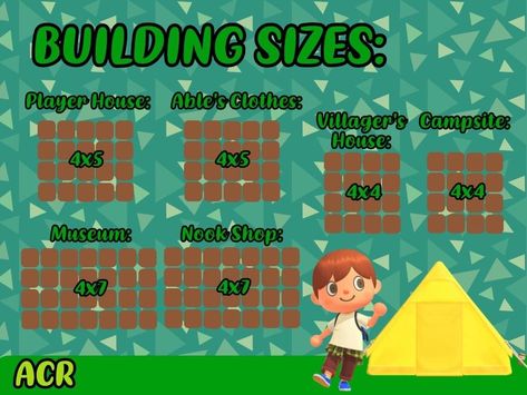 Animal Crossing Plot Size, How To Plan Acnh Island, Ac Island Layout Ideas, Acnh Size Building, Building Sizes Animal Crossing, Animal Crossing Size Guide, Types Of Acnh Islands, Animal Crossing Building Dimensions, How Many Squares Is A House In Animal Crossing