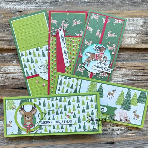 In today's post I'm sharing 5 slimline Christmas cards using the Reindeer Days collection that will be released with the upcoming... Slimline Card Ideas Christmas, Reindeer Days Dsp, Stampin Up Slimline Christmas Cards, Stampin Up Reindeer Days Cards, Stampin Up Reindeer Days Dsp, Stampin Up Reindeer Days, Reindeer Days Stampin Up Cards, Slimline Christmas Cards, Slimline Cards