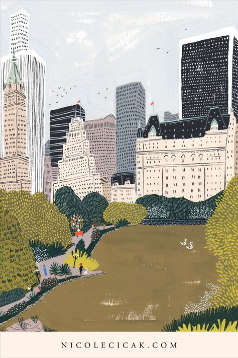 A gouache painting of Central Park in New York City by illustrator Nicole Cicak. Artwork includes The Plaza Hotel, and surrounding buildings. Swans and a balloon vendor complete this idyllic cityscape. Background Illustration City, Nyc Illustration Art, New York Illustration Art, Central Park Illustration, New York City Illustration, Nyc Illustration, Lisbeth Zwerger, New York Illustration, Park Illustration