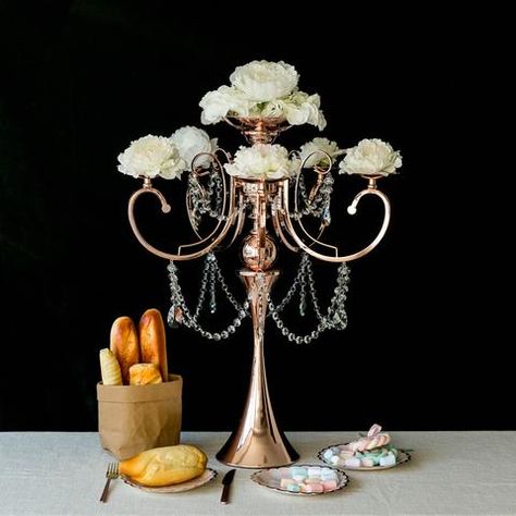 27" Rose Gold Metal 5 Arm Candelabra Candle Holder With Hanging Crystal Drops Candle Placement, Candelabra Wedding Centerpieces, Pillar Candles Wedding, Candelabra Wedding, Metal Candelabra, Gold Centerpieces, Hanging Crystal, Candelabra Chandeliers, Candle Holders Wedding