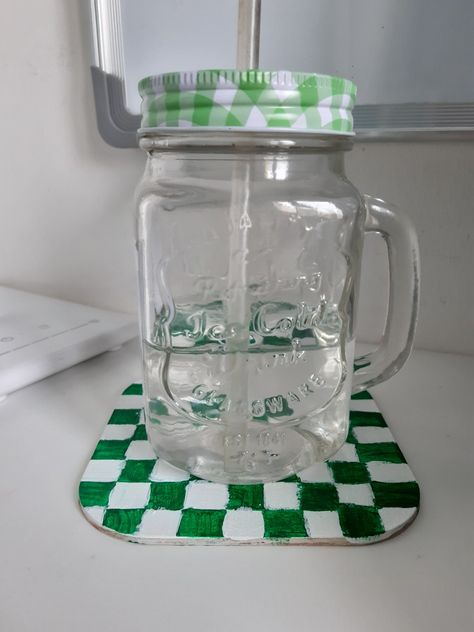 green decor aesthetic, pastel aesthetic room decor, green checkered decor Mason Jars Aesthetic, Jars Aesthetic, Clear Coffee Mugs, Mason Jar With Straw, Mason Jar Mugs, Business Things, Kitchen Pantry Storage, Simple Cake Designs, Simple Cake