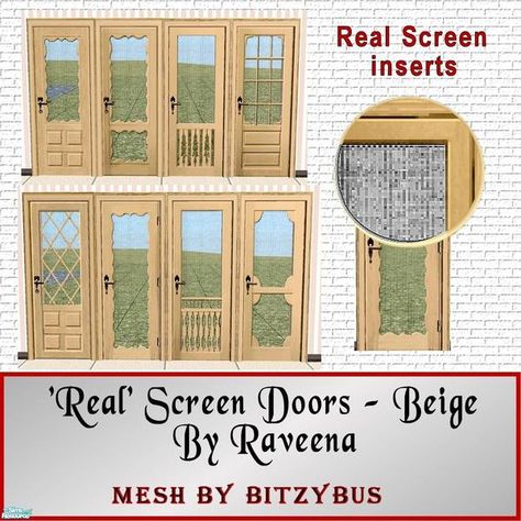 All screen doors have realistic screen inserts and come in a variety of styles and colors...beige, brown and maple. This is the beige set. You need BitzyBus's mesh file. The link is below each... Sims 4 Screen Door, Beige Screen, Vintage Screen Doors, Sims Houses, Screen Doors, Screen Door, Screened In Porch, Sims House, Sims 4 Cc