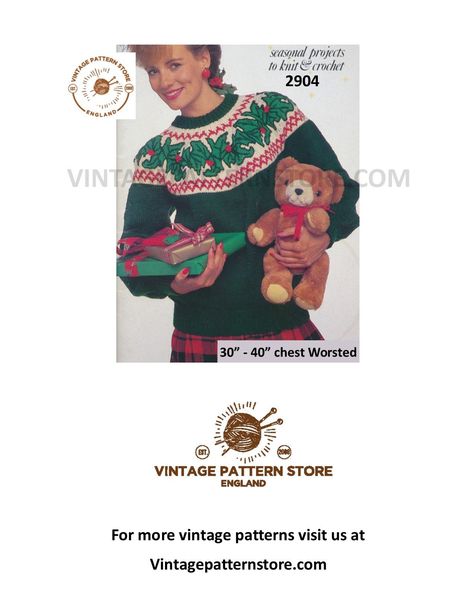 Raglan Sweater, Sweater Knitting, Christmas Patterns, Pdf Knitting Pattern, Pattern Store, Sweater Jumper, Fair Isle Sweater, Sweater Knitting Patterns, Christmas Holly