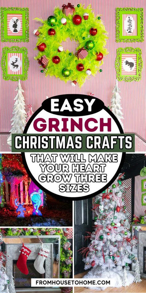 easy Grinch Christmas crafts that will make your heart grow three sizes Grinch Party Decorations Diy, Simple Grinch Christmas Tree, Grinch Diy Christmas Decorations, Grinch Decorations Diy, Grinch Christmas Decor Ideas, Grinch Decorating Ideas, Whoville Christmas Decorations Diy, Grinch Christmas Crafts, Diy Grinch Christmas Decorations