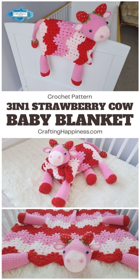 Discover the fun and versatile 3in1 Strawberry Cow Baby Blanket! 🍓🐄 A charming crochet creation that doubles as a blanket, toy, and nursery decor. 🧶 Cow Blanket Crochet Pattern, Crochet Ideas For Baby Girl, Crochet Cow Baby Blanket, Cow Baby Blanket Crochet Pattern Free, Cow Blanket Crochet Pattern Free, Crochet Strawberry Blanket, Strawberry Crochet Blanket, Cow Crochet Blanket, Crochet Animal Baby Blanket