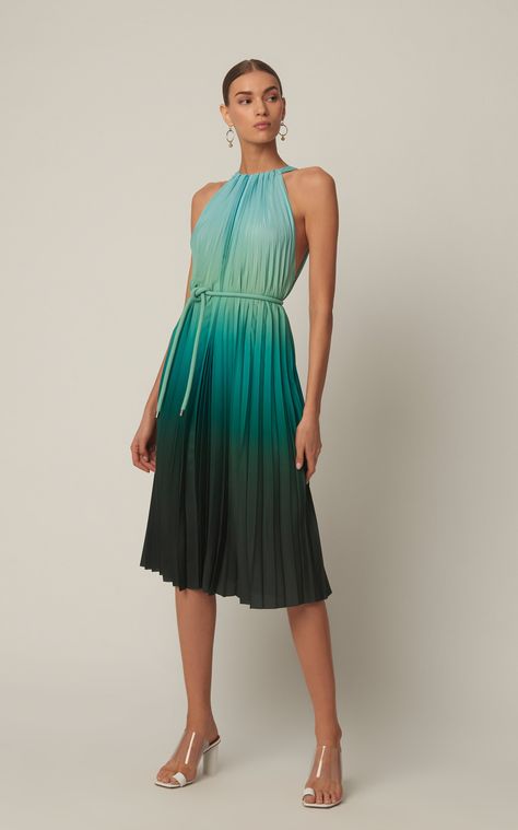 Max Mara Pleated Halter-Neck Chiffon Knee-Length Dress Fall Halter Dress, Ombre Pleated Dress, Chiffon Pleated Dress, Pleated Summer Dress, Halter Neck Summer Dress, Pleated Fabric Outfits, Halter Dress Outfit, Pleated Fabric Dress, Pleated Dress Midi