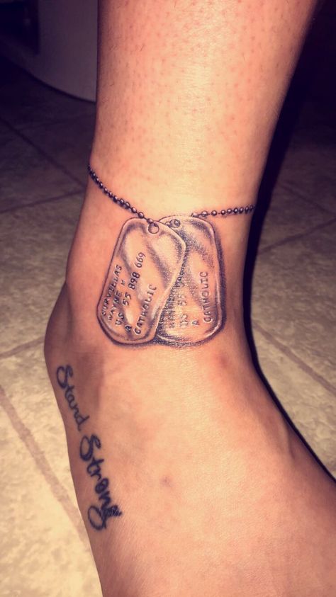 Dog tag tattoo I got in memory of my grandpa #dogtag #tattoo #army #grandpa Army Tag Tattoo, Dog Tag Memorial Tattoo, Army Tattoos For Women Military, Dog Tag Tattoos For Women, Army Tattoo Ideas For Women, Dogtag Tattoo, Dog Tags Tattoo For Women, Army Mom Tattoos, Grandpa Tattoo In Memory Of