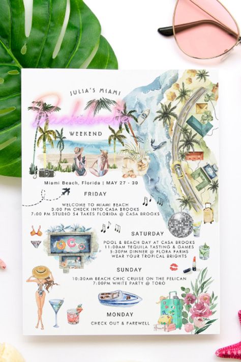 Size: 7"x 5", watercolor theme, illustrated itinerary, miami beach, bikini,  palm trees Bachelorette Beach Weekend, Last Fling Before The Ring, Itinerary Invitation, Miami Bachelorette Party, Beach Invitations, Bachelorette Weekend Itinerary, Flora Farms, Wedding Announcement Cards, Gold Table Numbers