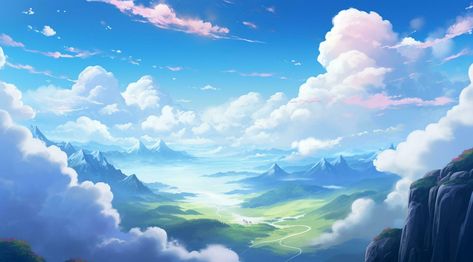 Anime Sky Aesthetic, Anime Sky Background, Fantasy Clouds, Top Of A Mountain, Mountain Background, Scene Background, Fantasy Background, Scenery Background, Smooth Sailing