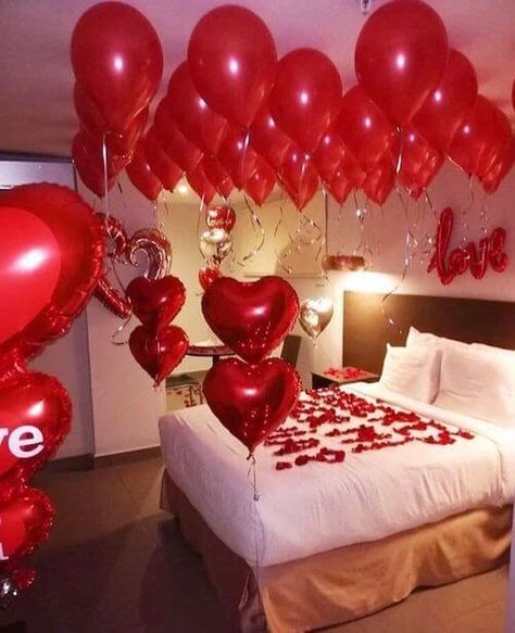 Looking for romantic Valentines room decoration ideas for him or her for the best romantic surprises? Check this post for the best Valentines Day decor ideas for a bedroom or a hotel room to add more sparks to your relationship! Romantic Bedroom Ideas For Valentines, Valentine Bedroom Decor, Valentines Bedroom, Romantic Room Surprise, Bedrooms For Couples, I Love You Balloons, Romantic Room Decoration, Decorate Bedroom, Romantic Bedroom Decor