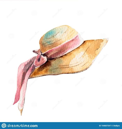 Watercolor Illustration.vintage Straw Women's Hat With Pink Ribbons. Isolated On A White Background Stock Illustration - Illustration of vintage, brown: 194607547 Flower Hat Illustration, Vintage Hat Illustration, Summer Hat Drawing, Straw Hat Painting, Straw Hat Drawing, Straw Hat Tattoo, Hut Illustration, Hats Illustration, Strokes Painting