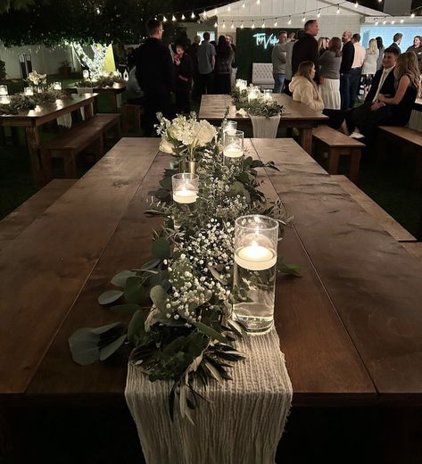 Minimal Rustic Centerpieces, Wedding Table Wood Decor, Light And Dark Green Wedding, Romantic Wedding Decor Ideas, Minimal Wedding Centerpieces Long Table, 80 Person Wedding Seating Layout, Simple Greenery Centerpiece Wedding, Simple Rustic Wedding Centerpieces Long Tables, Olive Green Wedding Theme Color Schemes Wedding Ceremony Decor