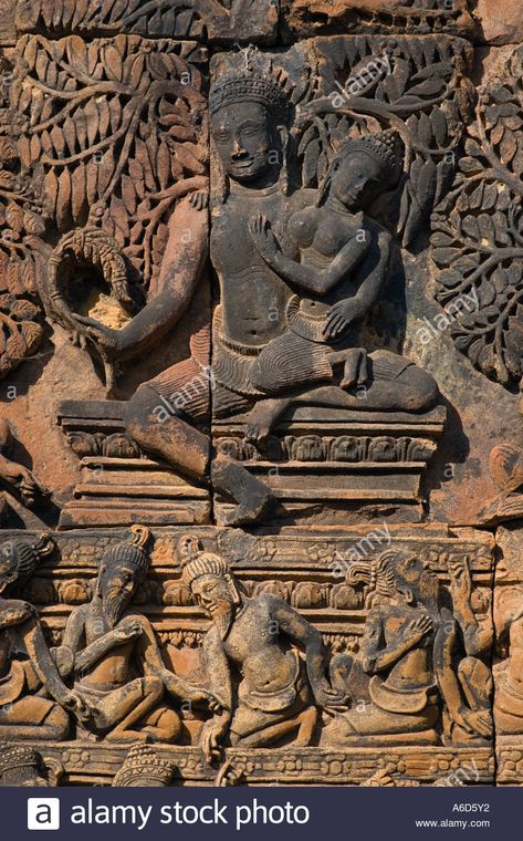 Download this stock image: Banteay Srei with bas relief in red sandstone of Shiva Parvati E pediment of S Library at Angkor Wat Siem Reap Cambodia - A6D5Y2 from Alamy's library of millions of high resolution stock photos, illustrations and vectors. Red Sandstone, Hindu Temples, South Pacific Islands, Shiva Parvati, Siem Reap Cambodia, Relief Sculpture, Siem Reap, Madhya Pradesh, Ancient Temples