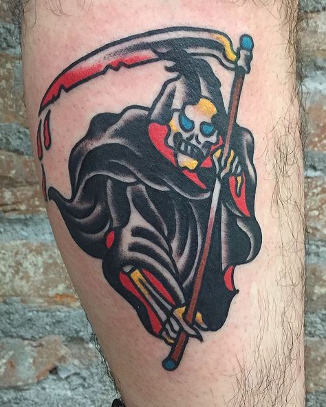 ST. MARKS TATTOO LA on Instagram: “@stevedelgadotattoo” Grim Reaper Tattoo Traditional, Tattoo Grim Reaper, Traditional Tattoos For Men, Traditional Tattoo Man, Grim Reaper Tattoo, Reaper Tattoo, Sailor Jerry Tattoos, Mark Tattoo, Traditional Tattoo Flash