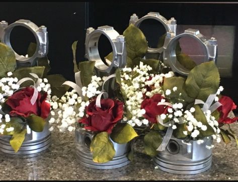 Car engine Pistons. Automotive Themed Wedding, Car Wedding Favors, Piston Centerpiece Wedding Ideas, Car Themed Wedding Centerpieces, Race Track Wedding Ideas, Mechanics Wedding Theme Decor, Classic Car Wedding Decorations, Car Themed Wedding Decoration, Car Enthusiast Wedding