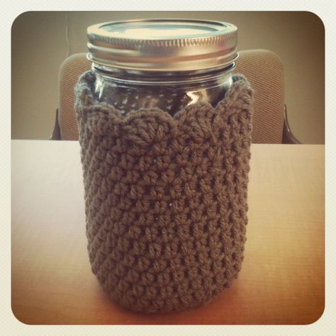 making crochet cool. not lame.: Free Mason Jar Cozy Pattern ~ this might come in handy some time. Crochet Jar Covers, Mason Jar Cozy, Jar Covers, Free Mason, Crochet Cup Cozy, Cozy Pattern, Cozy Crochet Patterns, Crochet Cozy, Trendy Crochet