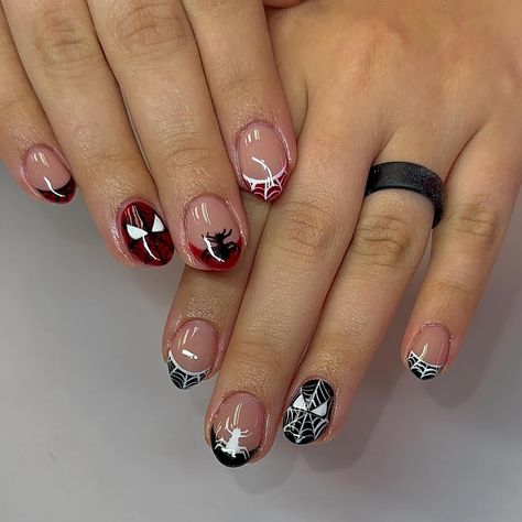 I will never say no to Spider-Man nails 🥹❤️❤️ Builder Gel Manicure : $50 Art x 10 : $45 Total : $95 Spider Man Nails Men, Spider Themed Nails, Almond Spider-man Nails, Short Spider Man Nails, Nail Spider Man, Nail Designs Spiderman, Spiderman Nails Short, Short Spiderman Nails, Spider Man Nails Short