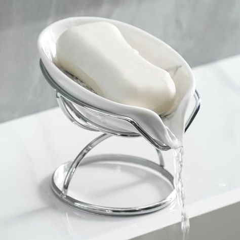 Dobbyby Leaf-Shaped Soap Dish – Premium Ceramic Soap Bar Holder with Self-Drainage System – Bar Soap Holder for Shower, Bathroom Sink, Kitchen – Waterfall Soap Dish with Stainless Steel Stand (SLIVER) Soap Bar Holder, Bar Soap Holder, Bathroom Decor Luxury, Sink Kitchen, Ceramic Soap Dish, Shower Bathroom, Soap Saver, Soap Tray, Modern Bathroom Decor