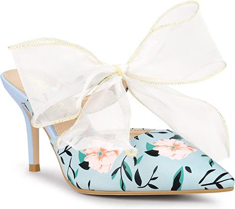 Amazon.com | Allegra K Women's Pointed Toe Lace Bow Floral Printed Stiletto Heels Blue Mules - 11 M US | Shoes Chiffon Bow, Pointy Toe Heels, Womens Stilettos, Lace Straps, Lace Bows, Pointed Toe Heels, Boot Accessories, Bridal Shoes, Ankle Strap Sandals