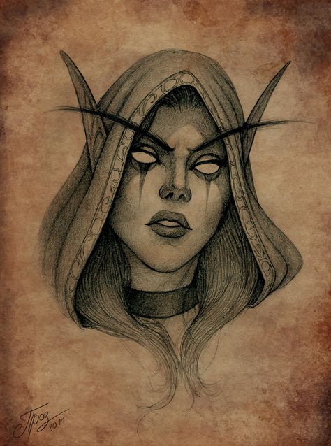 Skyrim Art Drawing, Warcraft Drawing, Sylvanas Tattoo, Warhammer Sketch, Sylvanas Windrunner Tattoo, World Of Warcraft Art, Banshee Queen, Elf Drawings, Sylvanas Windrunner