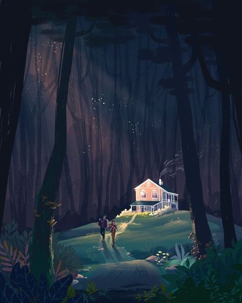 Forest Drawing, Night Illustration, Hansel And Gretel, Forest Illustration, Night Forest, Fantasy Forest, Forest Art, Forest House, Fantasy Art Landscapes