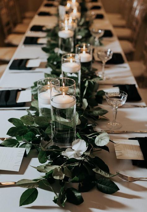 Long Wedding Tables With Greenery, Long Greenery Centerpiece, Dark Flowers Wedding Table Settings, Black Square Candle Holder Wedding, Rectangle Head Table Wedding Decorations, Dark Eucalyptus Wedding, Wedding Table Long Candles, Low Lush Wedding Centerpieces, Greenery And Floral Centerpieces