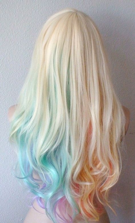 Blonde Pastel rainbow color ombre wig. Pastel color Long ... #hairstyles #hairideas Pastel Rainbow Hair, Unicorn Hair Color, Fire Hair, Ombre Wig, Rainbow Hair Color, Cute Hair Colors, Long Hair Wigs, Gorgeous Hair Color, Hair Color Pastel