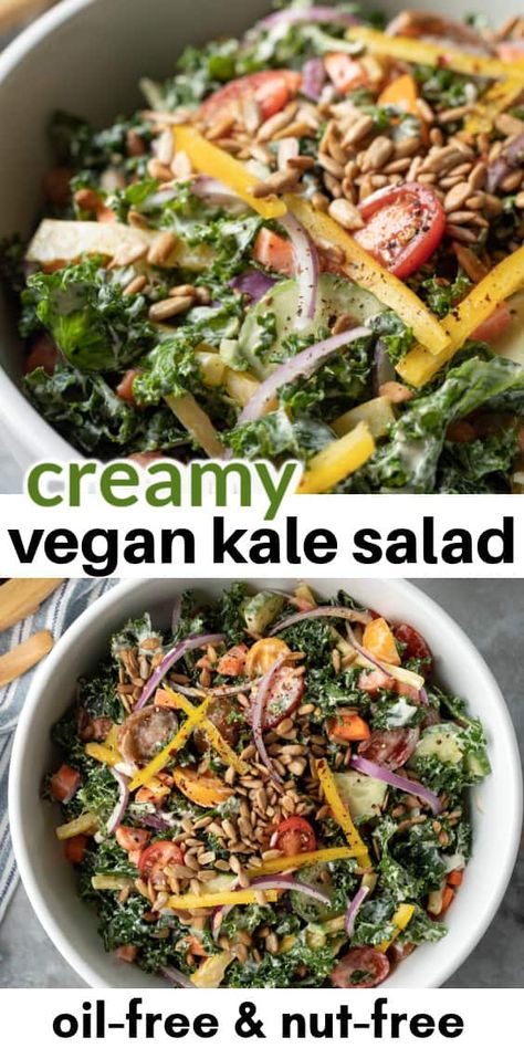 Vegan Creamy Kale Salad (Oil-Free, Nut-Free) Dairy And Meat Free Salads, Wfpb Salad, Vegan Kale Salad, Idea For Lunch, Kale Salad Dressing, Alkaline Meals, Creamy Kale, Kale Salads, Vegan Coleslaw