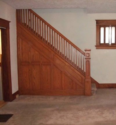 Stairway Renovation, Painted Woodwork, Stair Renovation, Dark Accent Walls, Kitchen Transformation, Staircase Design, Oak Floors, Home Repair, Fixer Upper