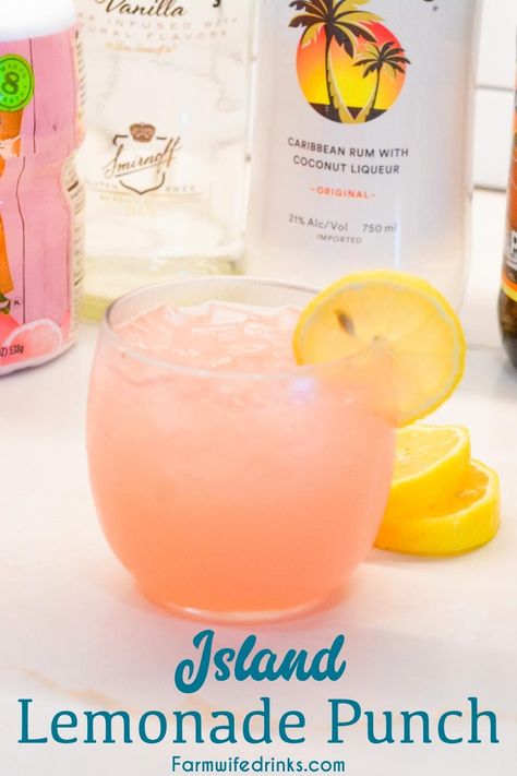 Malibu Rum And Peach Schnapps Drinks, Coconut Rum Recipes, Pink Lemonade Punch, Coconut Rum Punches, Pink Punch Recipes, Rum And Lemonade, Lemonade Punch Recipe, Pink Lemonade Vodka, Coconut Rum Drinks