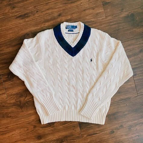 Vintage Polo Ralph Lauren Cable Knit V-Neck Cotton Varsity Sweater Mens Size M Polo By Ralph Lauren Men, Cable Knit Sweaters Mens, V Neck Polo Sweater, Polo Ralph Sweater, Polo Ralph Lauren Mens Sweaters, Polo Vintage Outfit, Ralph Lauren Mens Style, Vintage Ralph Lauren Men, Men’s Knit Sweater