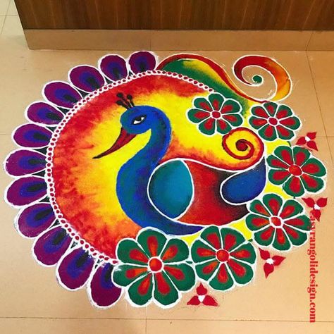 50 Peacock Rangoli Designs (Rangoli Ideas) - October 2019 Peacock Rangoli Designs, Rangoli Designs For Competition, Very Easy Rangoli Designs, Peacock Rangoli, Rangoli Designs Photos, Rangoli Designs Simple Diwali, Easy Rangoli Designs Diwali, Rangoli Designs Latest, Simple Rangoli Designs Images