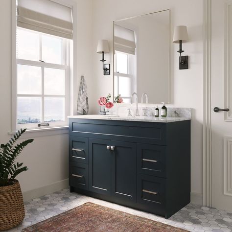 Ariel Bath on Instagram: “Currently dreaming of: this bathoom 💭 📸 by our team * * * #TakeCareWithAriel #bathroomdetails #bathroomvanity #bathroomstyling…” Blue Bathroom Vanity, Vanity Cabinets, Vanity Sets, Quartz Vanity Tops, Blue Vanity, Plywood Cabinets, Solid Wood Cabinets, Bathroom Vanity Base, White Quartz Countertop