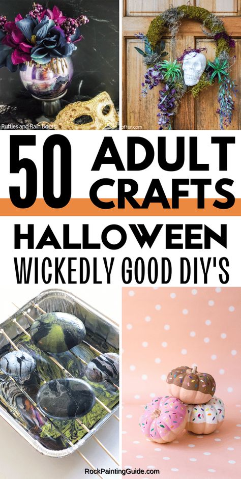 Inside: Discover 50 super easy adult crafts for Halloween that will transform your home into a spooky haven! Get inspired with creative Halloween wreath ideas, spooky welcome mats, delightful candy corn crafts, and much more. You’re bound to fall in love with these bewitching DIY projects! Diy Halloween Arts And Crafts, Halloween Craft For Party, Halloween Craft Party Ideas, October Craft Ideas For Adults, Halloween Crafts For Ladies Night, Halloween Craft Night Adults, Girls Night Craft Ideas Halloween, Spooky Halloween Crafts For Adults, Spooky Crafts For Girls Night