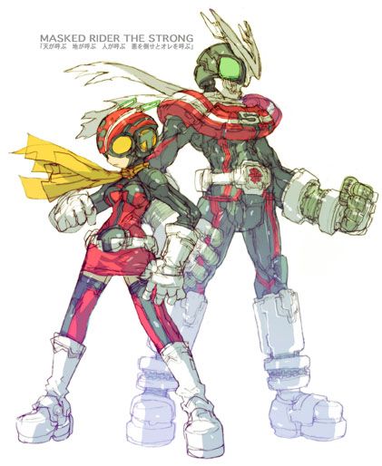 Kamen Rider Stronger and Electrowave Human Tackle by Toru Nakayama Kamen Rider Drawing, Toru Nakayama, Rider Strong, Mega Man Art, Robot Cartoon, Japanese Superheroes, Arte Dc Comics, Arte Cyberpunk, Kamen Rider Series