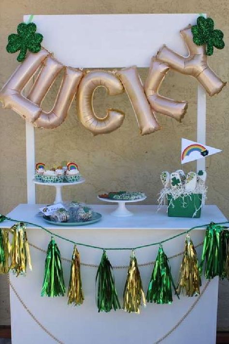 Check out this fun St. Patrick's Day party! The dessert table is awesome!! See more party ideas and share your st CatchMyParty.com March Math, Green Carnation, St Patric, Dessert Table Backdrop, I Am Lucky, Green Napkins, Dessert Table Decor, Saint Patties, Feeling Lucky