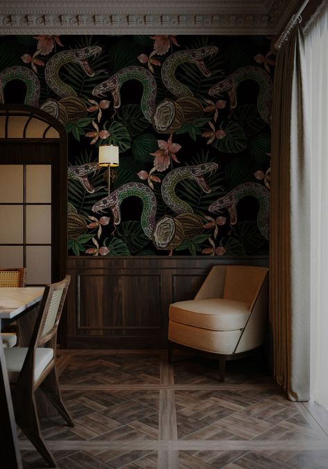 Elegant dining room featuring serpent wallpaper and wood paneling, ideal for fall and Halloween decor. Coconut Wallpaper, Bedroom Mural, Condo Bedroom, Floral Wall Mural, Wallpaper Tropical, Lake Norman, Elegant Dining Room, Witchy Decor, Standard Wallpaper