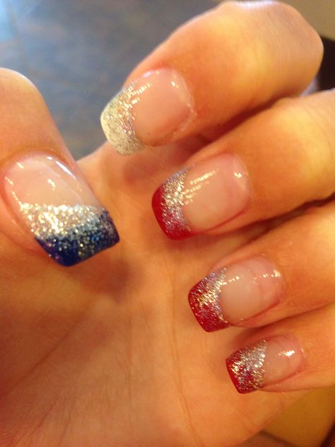 Elegant Red White And Blue Nails, Red White And Blue Nails French Tip, Blue Formal Nails, Blue Sparkle French Tip Nails, Red White Blue French Nails, Sparkle French Tip Nails, Red White And Blue Nail Tips, Sparkle French Tip, Blue Nails French